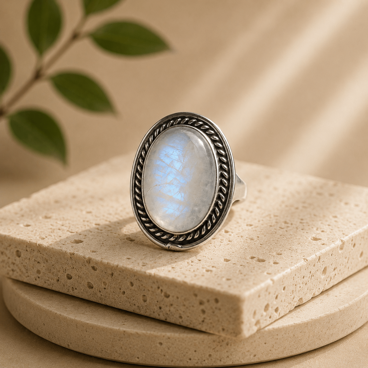 Anillo de plata con piedra de luna ovalada sobre una superficie de piedra natural